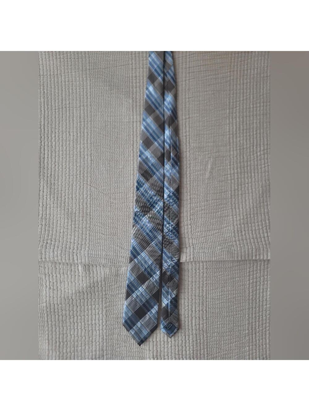Pronto Uomo Blue and Grey Plaid Tie 100% Silk Luxury